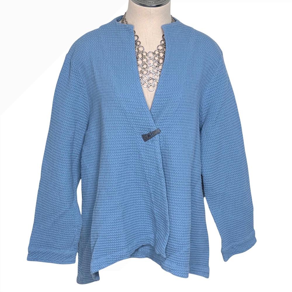 Focus Casual Life Waffle Knit Open Front Cardigan Blue Cotton Women Size M New